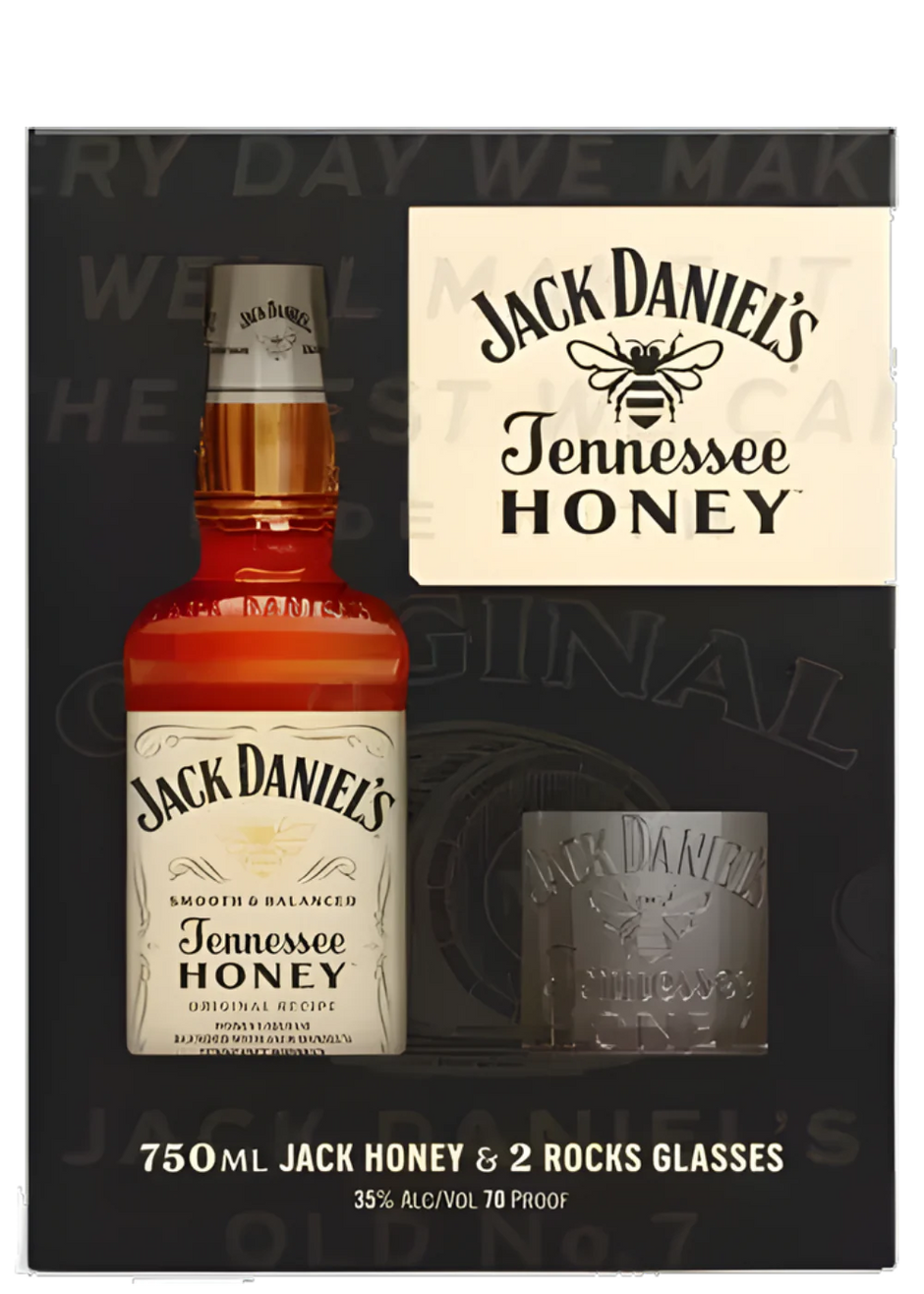 Jack Daniels Tennessee Honey 750ml bottle with 2 rocks glasses gift pack for the perfect pour.
